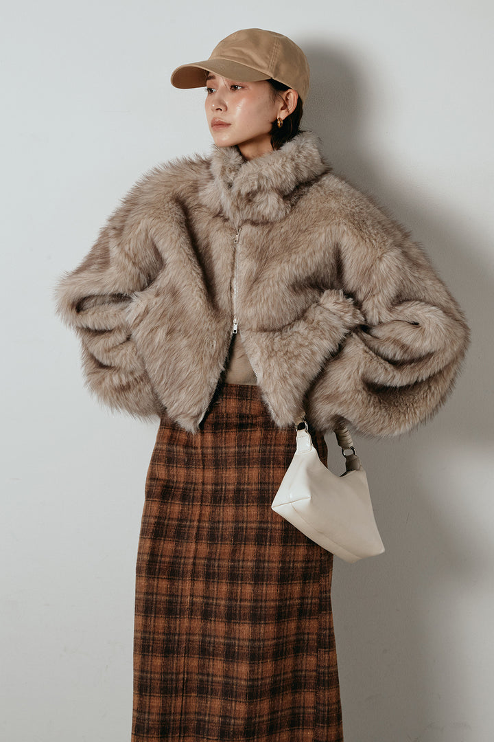 [SET]エコファーショート丈ブルゾン+シャギーチェックストレートスカート(2set)