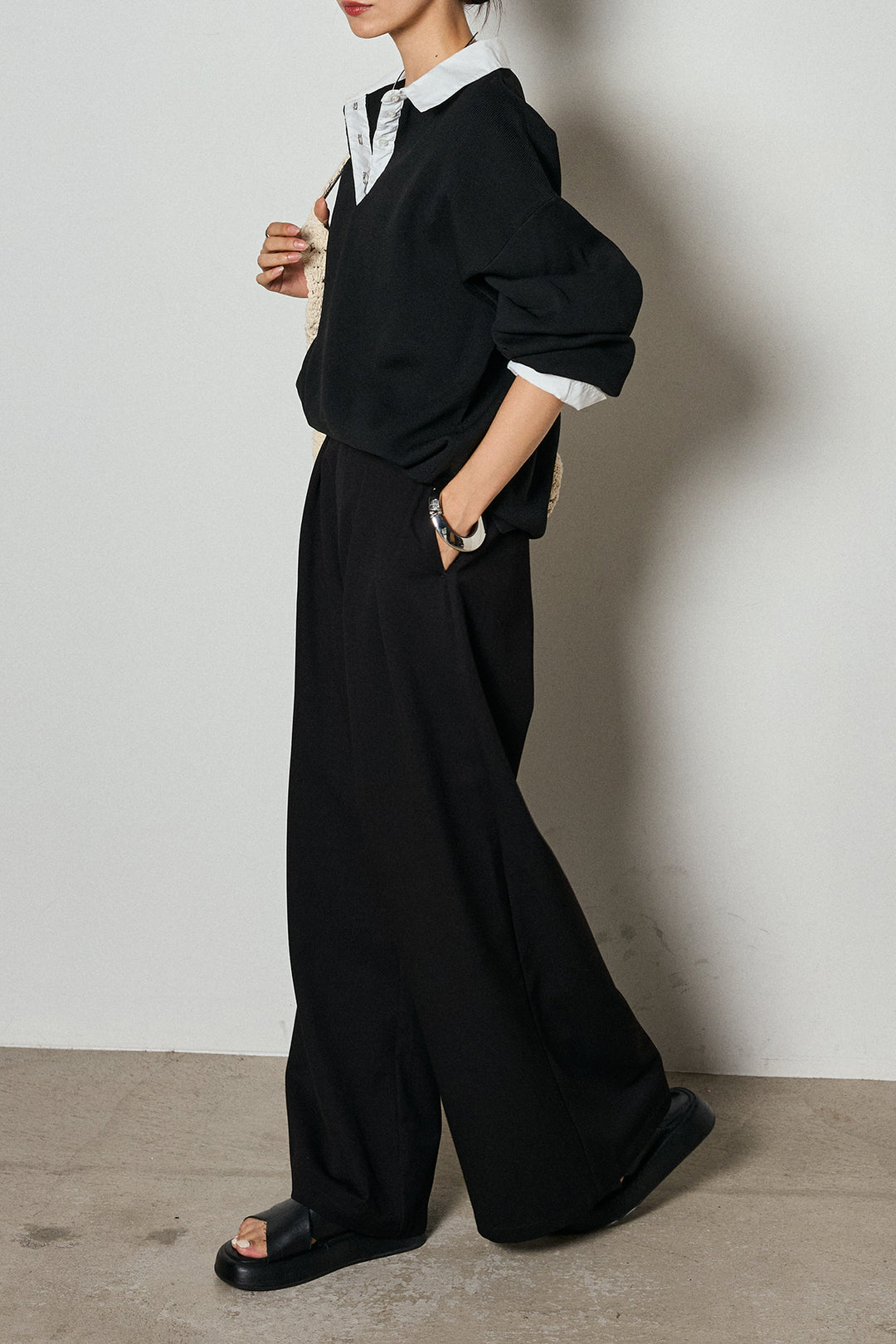 【即納】ウエストベルト付きタックワイドパンツ