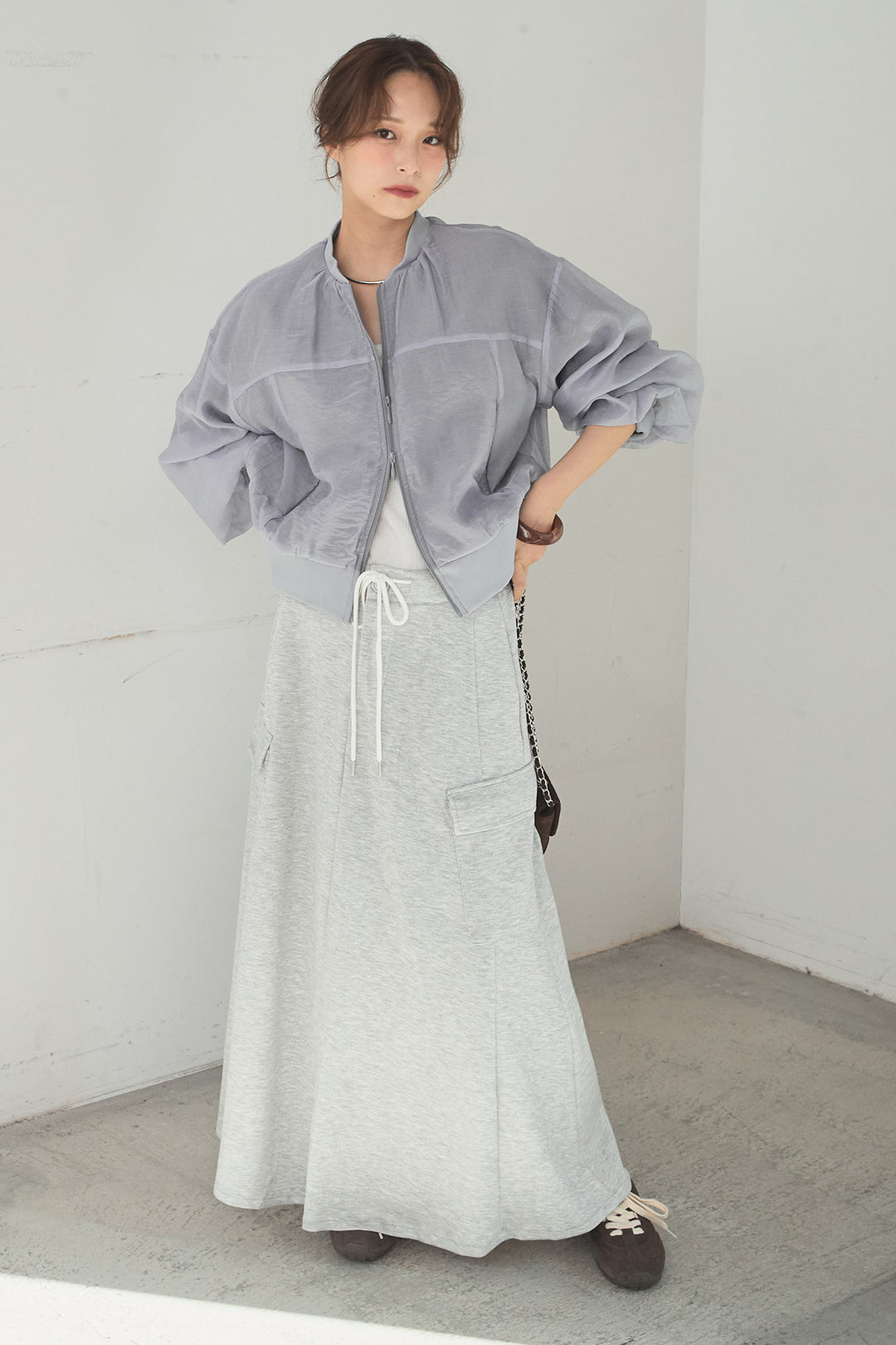 [SET]シアー×ポンチブルゾン+リラックススウェットスカート(2set)