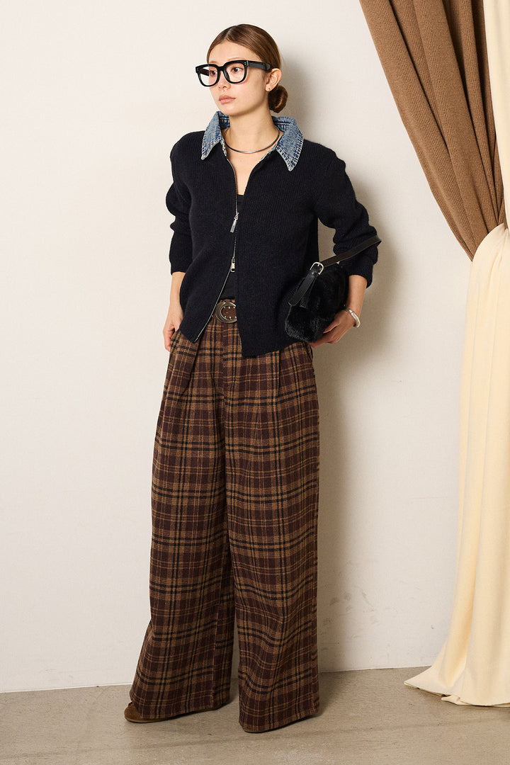 [SET]デニム襟ダブルジップニットトップス+スタッズデザインベルトタータンチェックパンツ(2set)