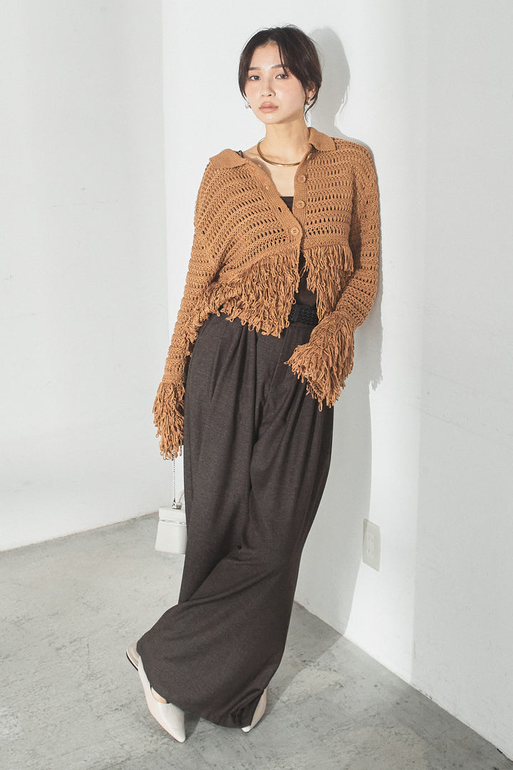 [SET]メッシュフリンジカーディガン+編みベルト付きウエストタックワイドパンツ(2set)