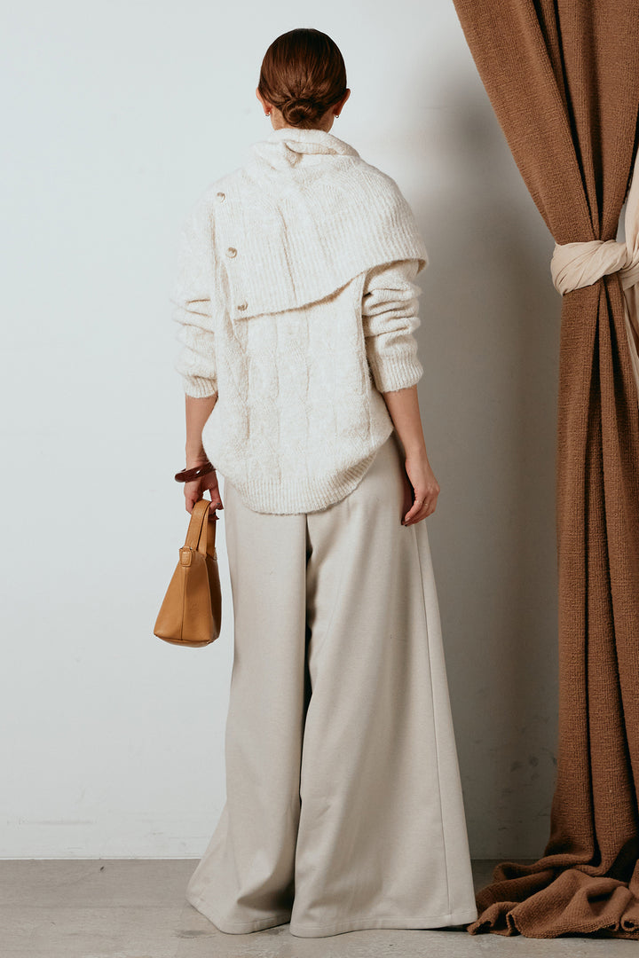 [SET]ケープデザインケーブルニットトップス+ベルト付きフロントタックデザインパンツ(2set)