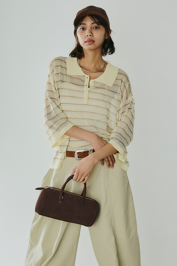 [SET]ボーダーニットポロシャツ+サイドベルトカーブワイドパンツ(2set)