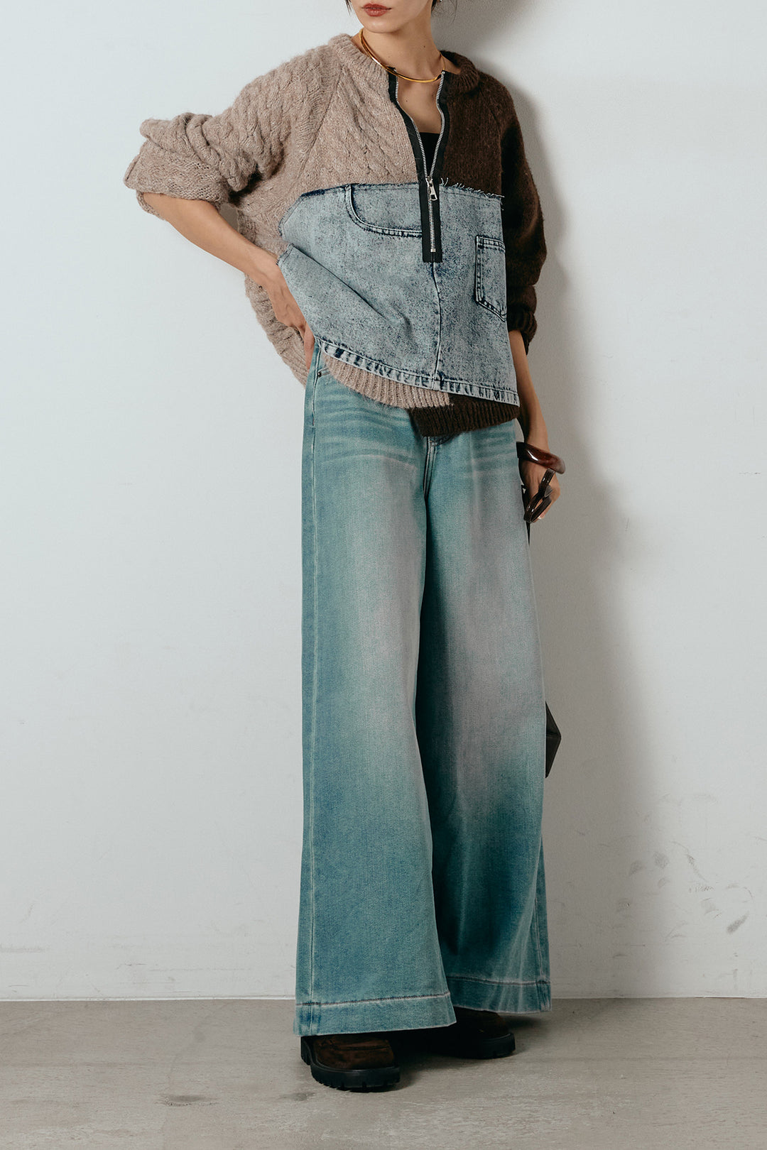 [SET]ハーフジップニットデニムドッキングトップス+ウエストダブルボタンワイドデニムパンツ(2set)