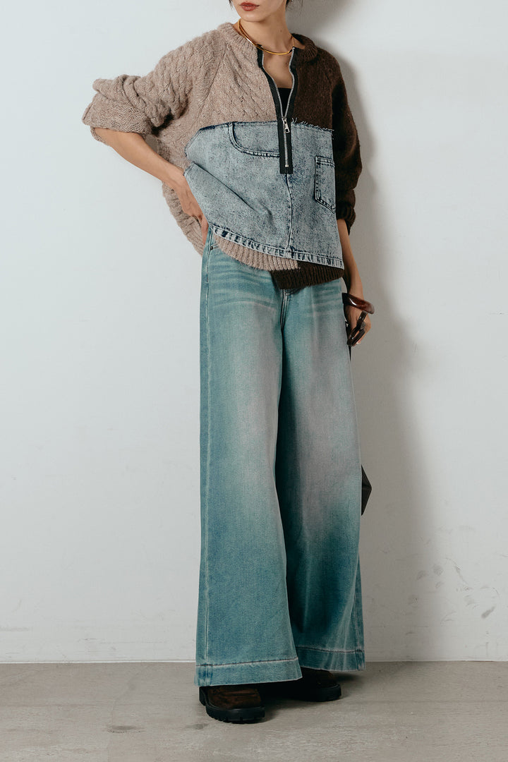 [SET]ハーフジップニットデニムドッキングトップス+ウエストダブルボタンワイドデニムパンツ(2set)