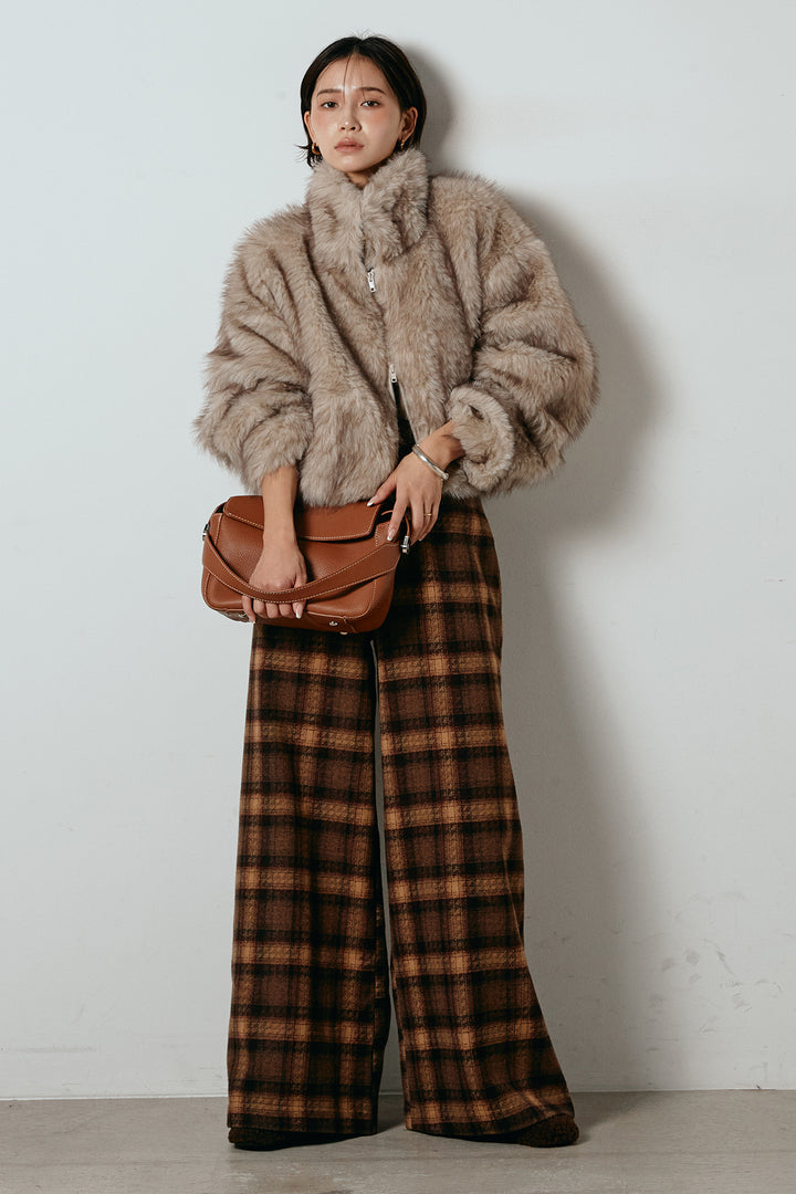 [SET]エコファーショート丈ブルゾン+ルーズタータンチェックワイドパンツ(2set)