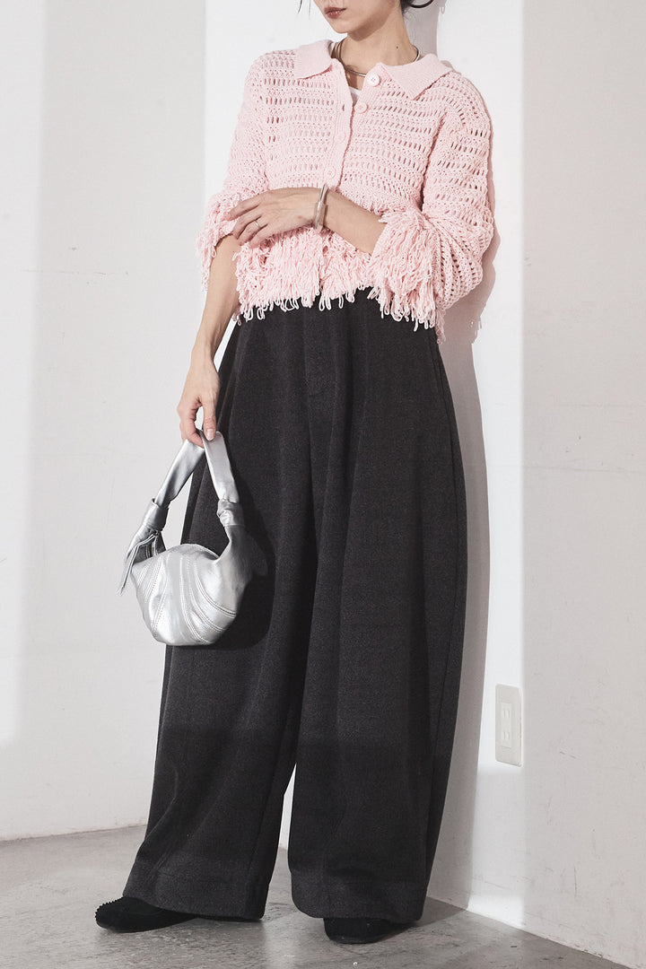 [SET]メッシュフリンジカーディガン+ウールタッチカーブワイドパンツ(2set)