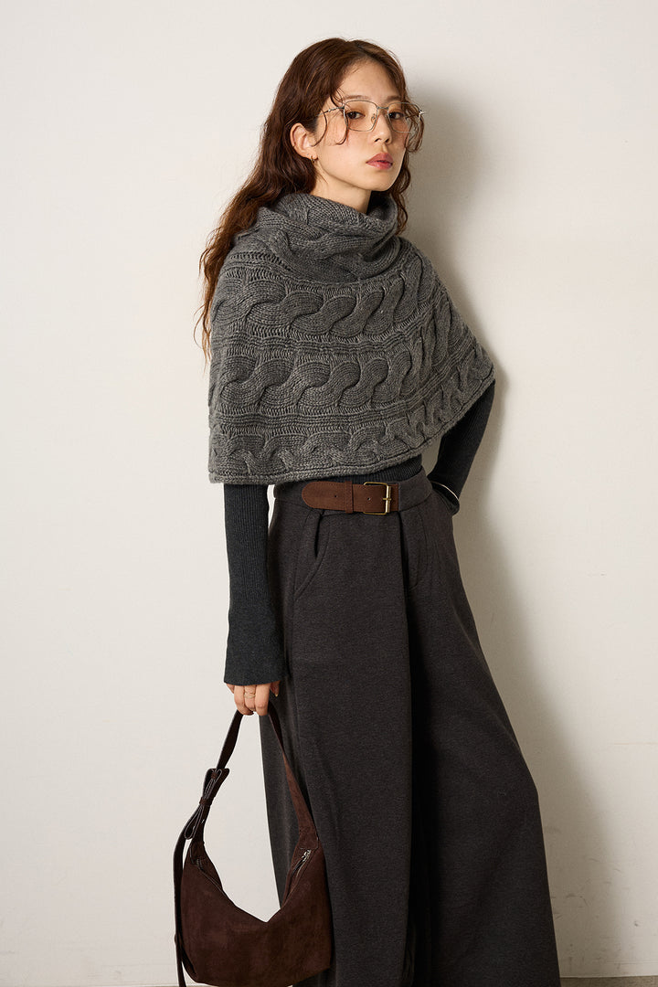 [SET]ケーブル編みケープレイヤードニット+サイドベルトパンツ(2set)