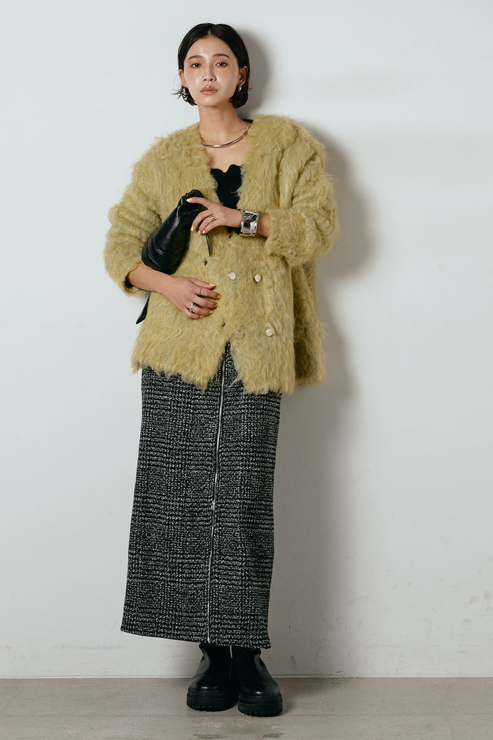 [SET]ウェーブシャギーニットジャケット+グレンチェック柄フロントジップタイトスカート(2set)
