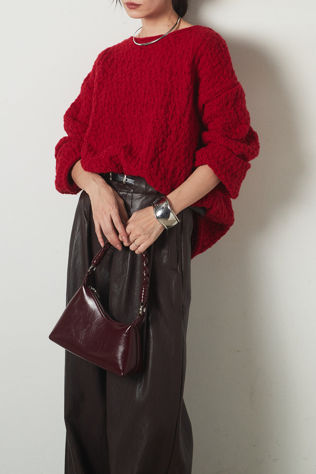 [SET]ボリューム編みニットプルオーバー+ベルト付きレザーライクタックパンツ(2set)