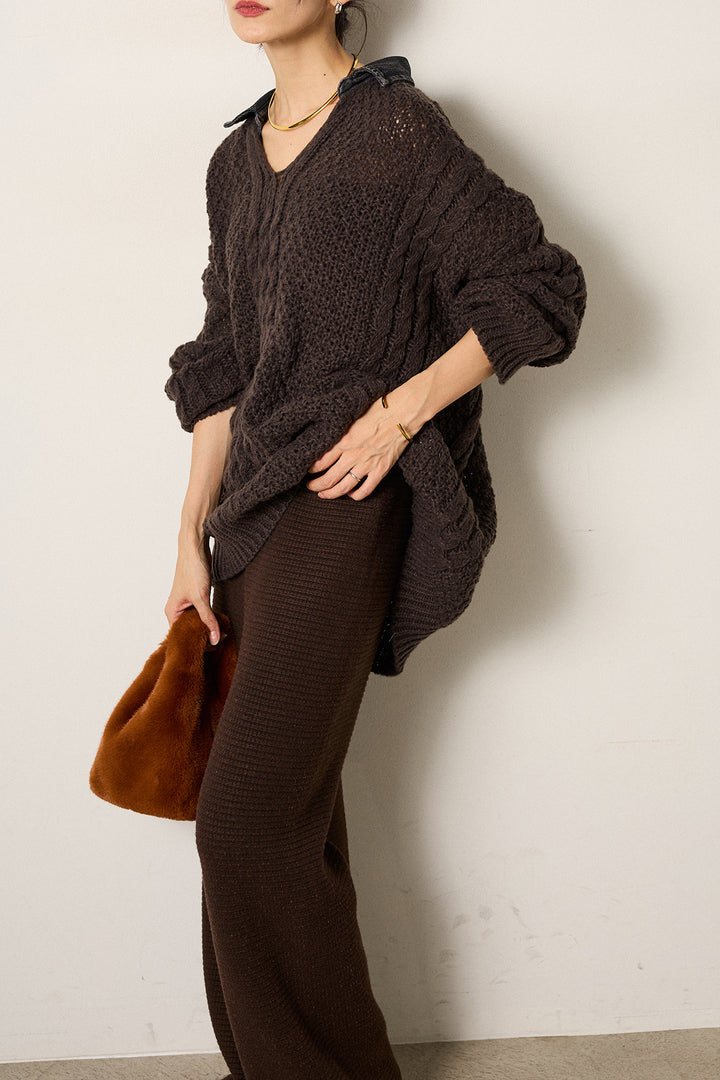 [SET]デニムカラーケーブルオーバーニット+ワイドリブニットイージーパンツ(2set)