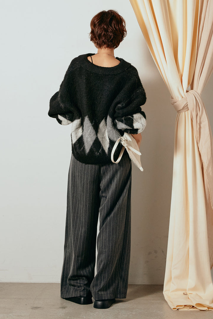 [SET]アーガイル柄ポロニットトップス+ストライプヘリンボーンパンツ(2set)