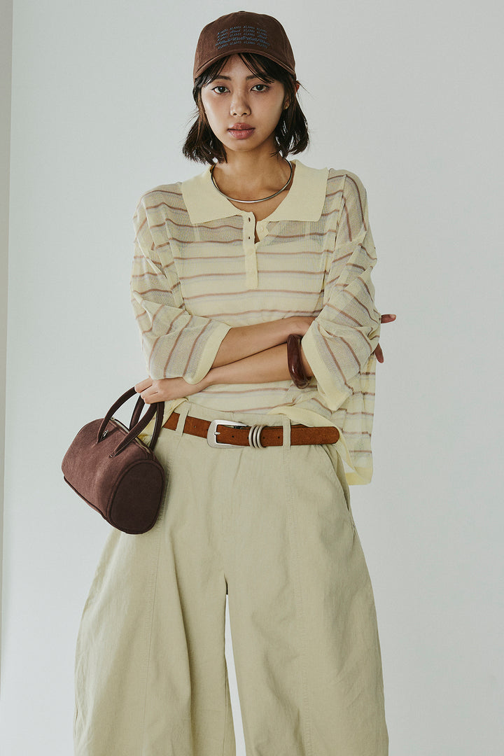 [SET]ボーダーニットポロシャツ+サイドベルトカーブワイドパンツ(2set)