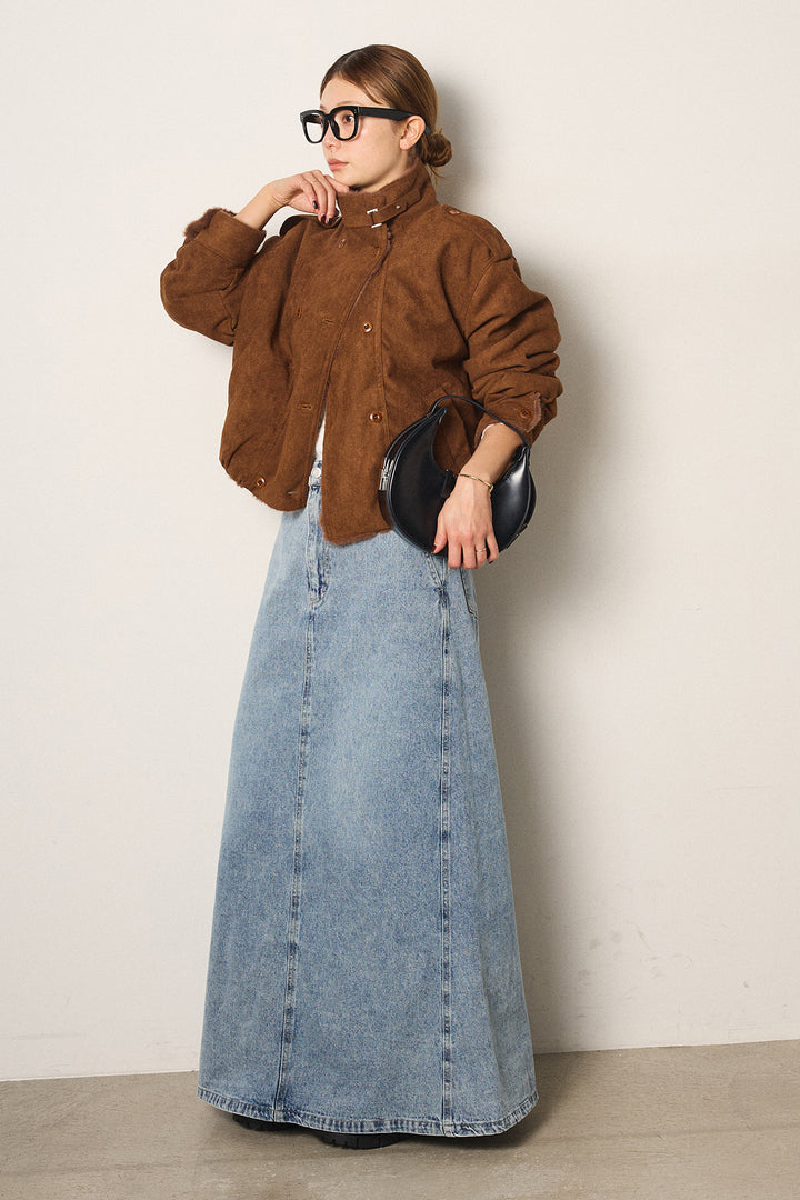 [SET]スタンド襟スウェードライクアウター+デニムロングフレアスカート(2set)