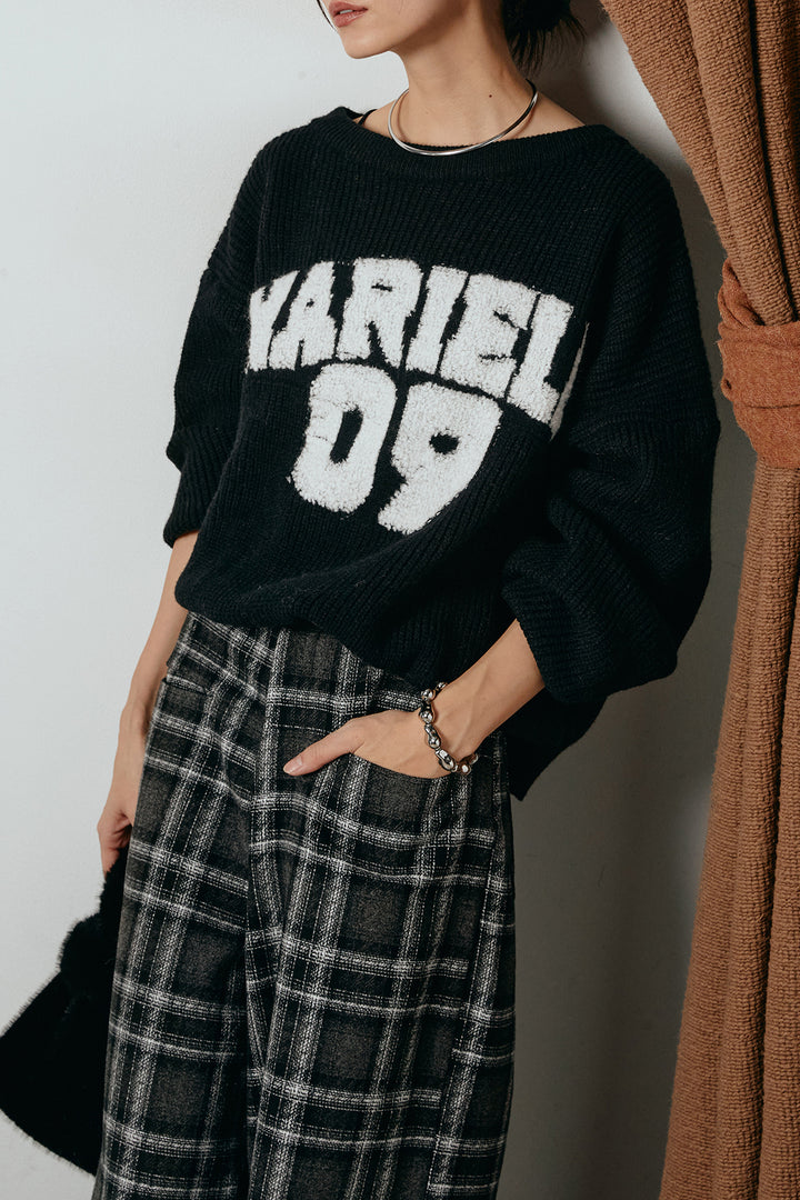 [SET]ロゴジャガードニットトップス+ルーズタータンチェックワイドパンツ(2set)