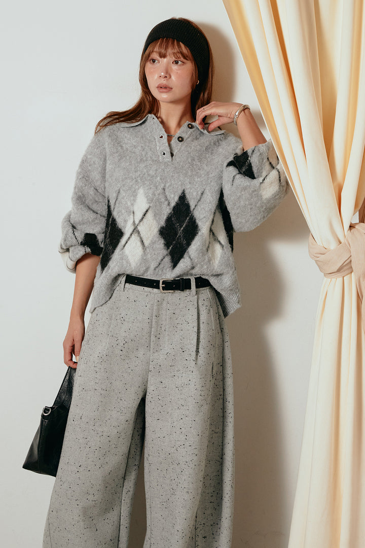 [SET]アーガイル柄ポロニットトップス+ベルト付きネップツイードカーブパンツ(2set)