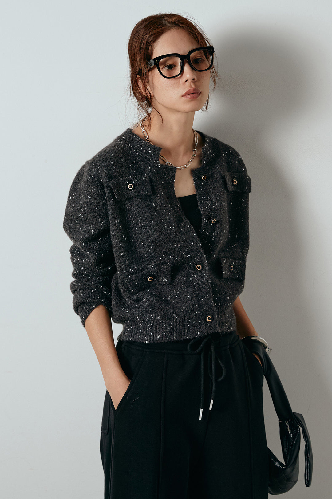 [SET]ネップニットカーディガン+スウェットワイドカーブパンツ(2set)