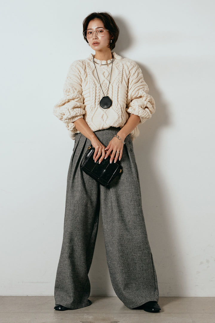 [SET]アラン柄ミックスケーブルニット+サイドボタンツイードタックパンツ(2set)