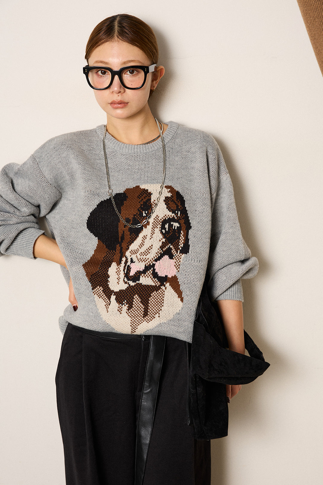 [SET]アニマルジャガード柄ニットトップス+巻ベルトウエストレザーライクワイドパンツ(2set)