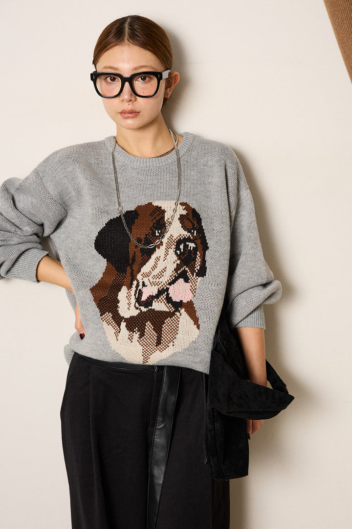 [SET]アニマルジャガード柄ニットトップス+巻ベルトウエストレザーライクワイドパンツ(2set)