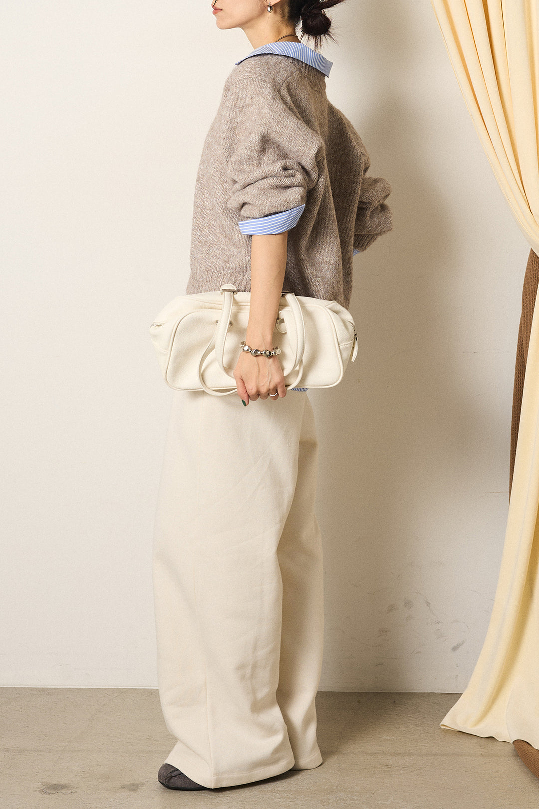 [SET]ストライプシャツドッキングニットポロトップス+裏起毛スウェットワイドパンツ(2set)