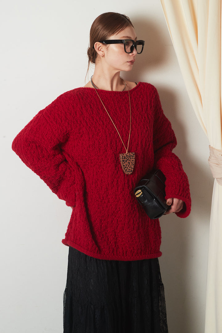 [SET]ボリューム編みニットプルオーバー+ひげレース切替ロング丈スカート(2set)