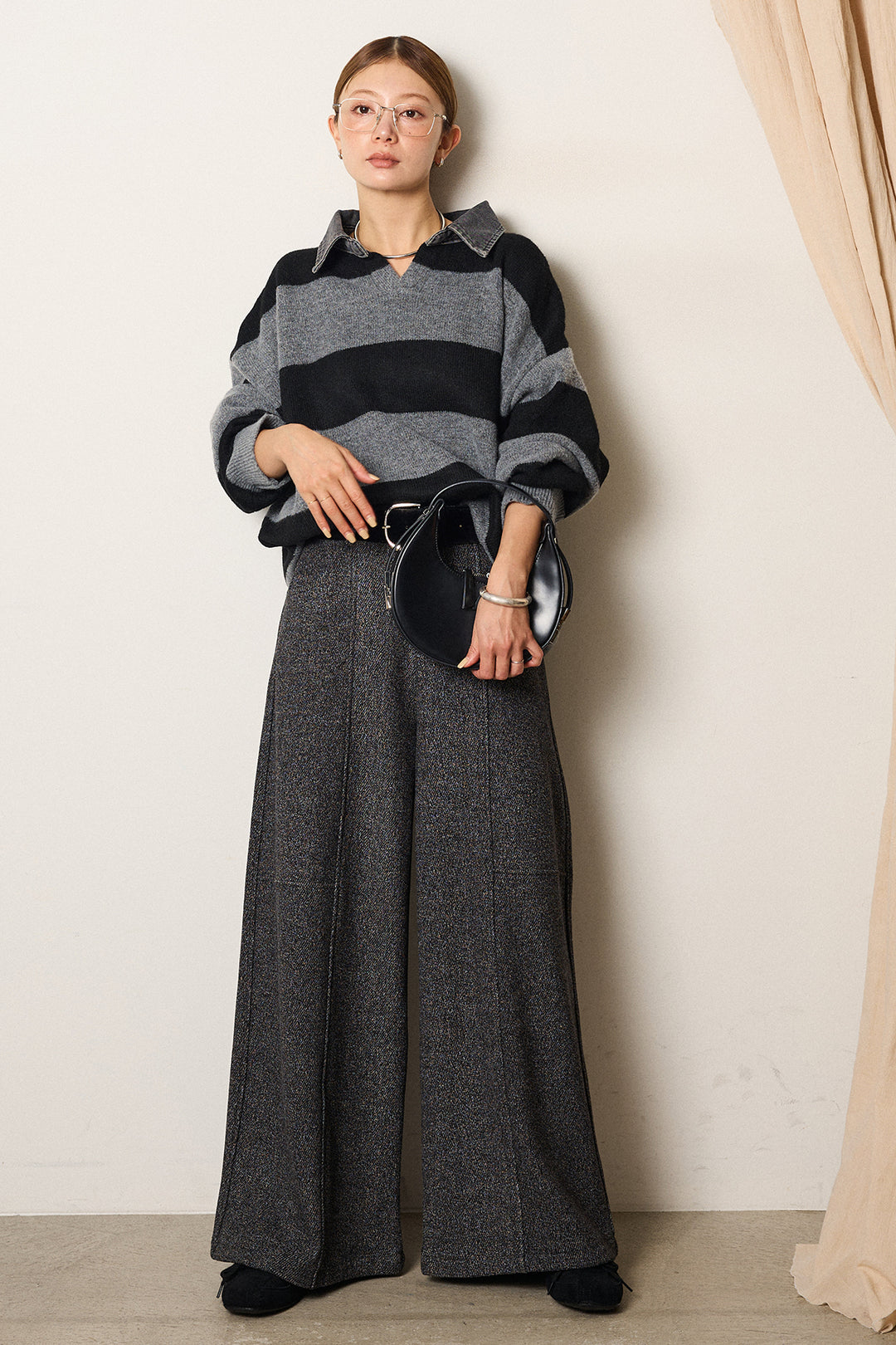 [SET]デニムカラーボーダールーズニット+太ベルト付きツイードワイドパンツ(2set)