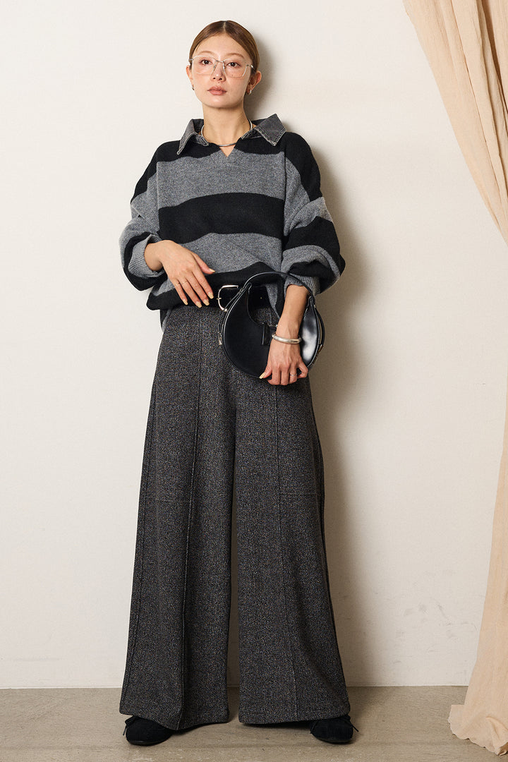 [SET]デニムカラーボーダールーズニット+太ベルト付きツイードワイドパンツ(2set)