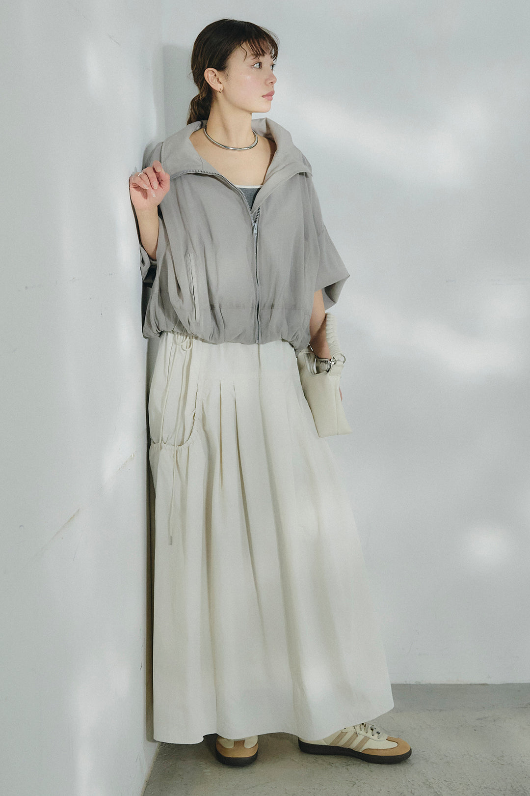 [SET]スタンドネックシアーブルゾン+ナイロンデザインフレアスカート(2set)