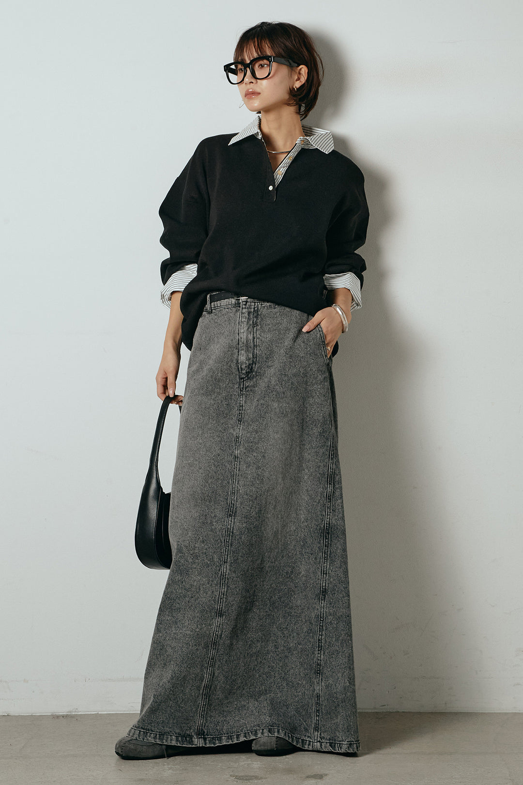 [SET]ストライプシャツドッキングポロトップス+デニムロングフレアスカート(2set)