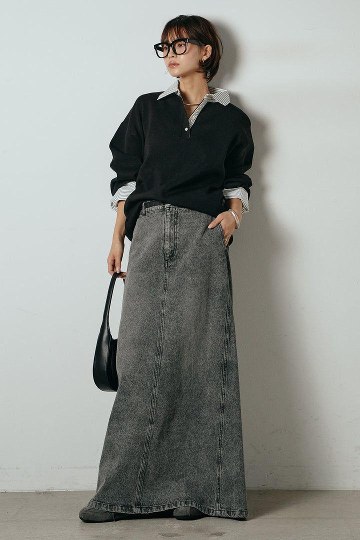 [SET]ストライプシャツドッキングポロトップス+デニムロングフレアスカート(2set)