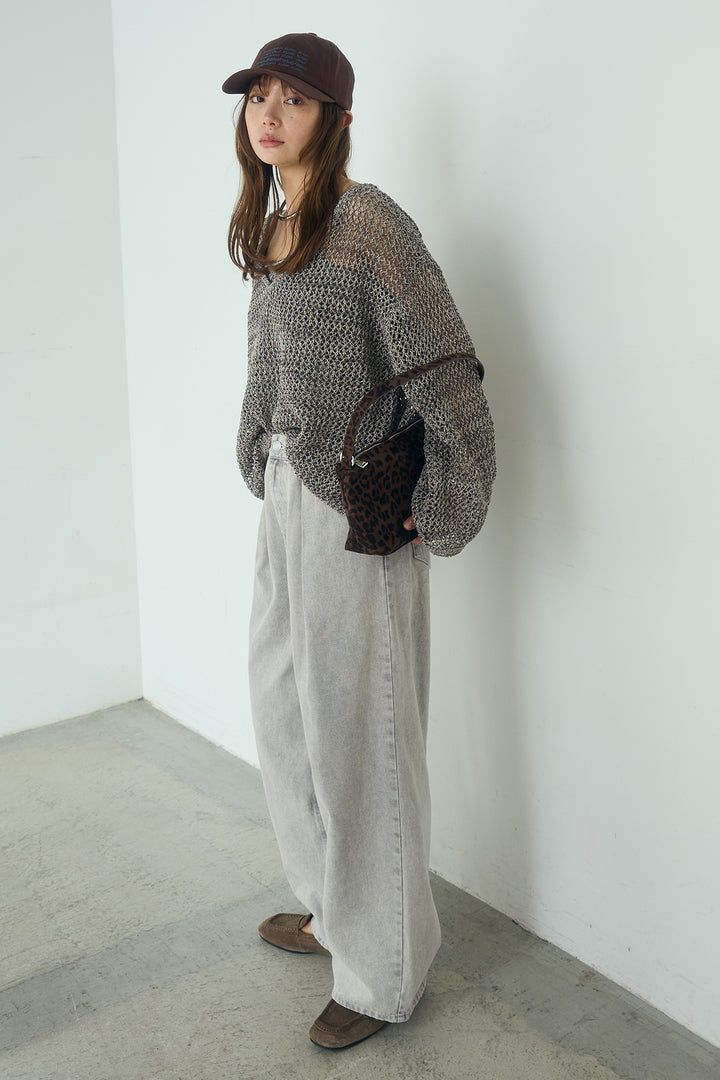 [SET]メッシュ編みビスチェセットVネックプルオーバー+カラーデニムタックカーブパンツ(2set)