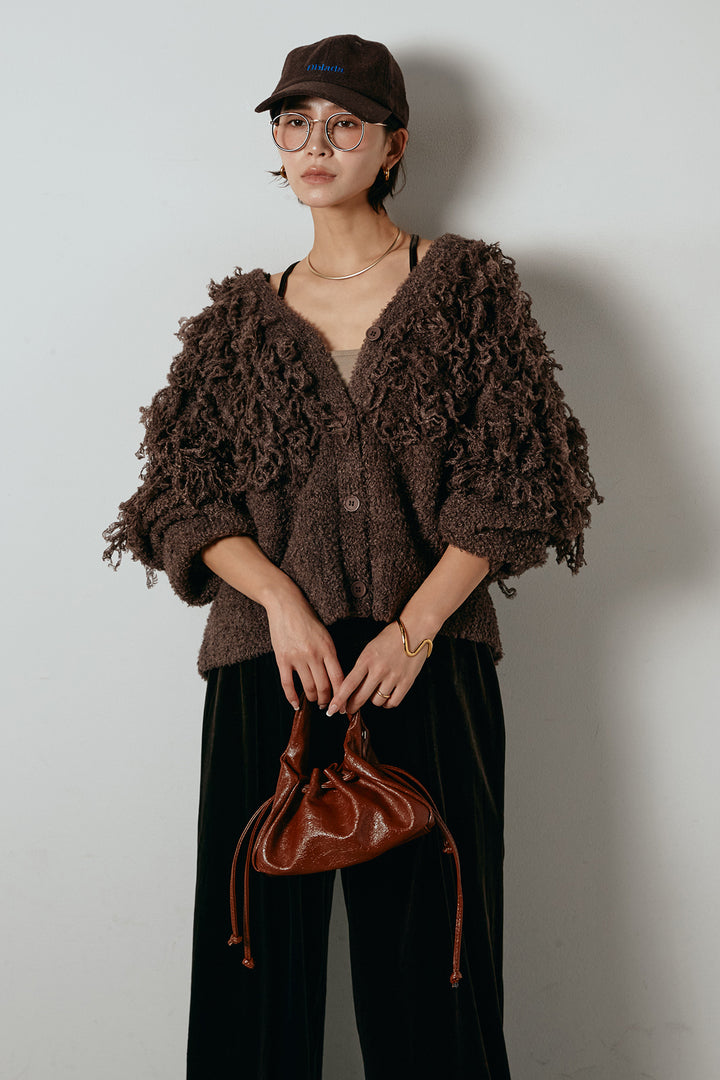 [SET]ループ編みVネックニットカーディガン+ベロアサスペンダー付きパンツ(2set)