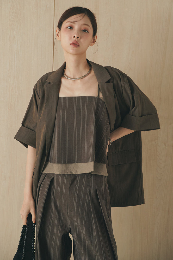[SET]リネンストライプレイヤードキャミ+リネンストライプタックワイドパンツ(2set)