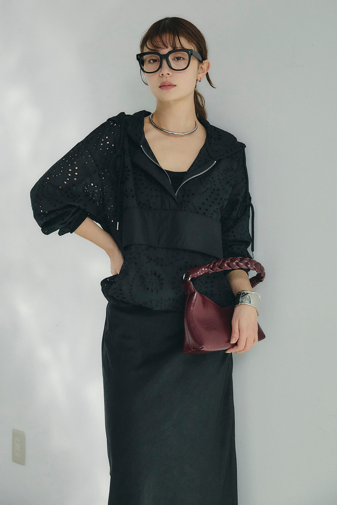 [SET]レースハーフジップアップフーディー+バイアスナローサテンスカート(2set)