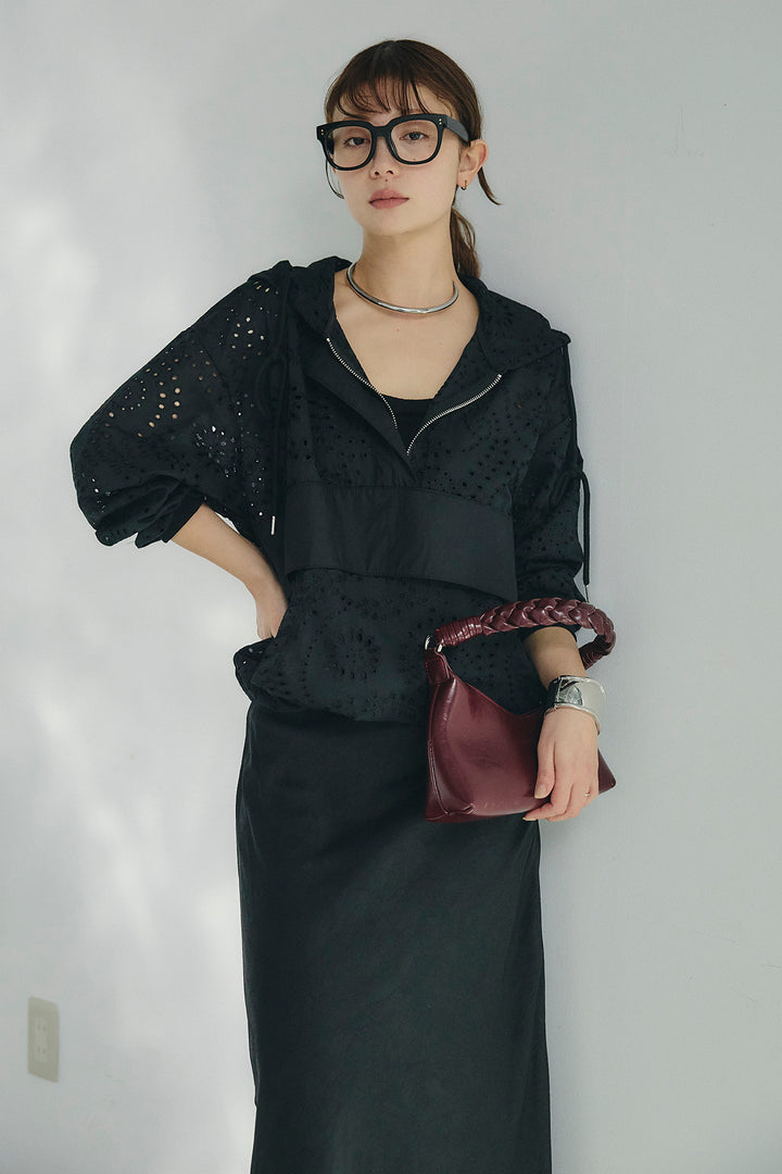 [SET]レースハーフジップアップフーディー+バイアスナローサテンスカート(2set)