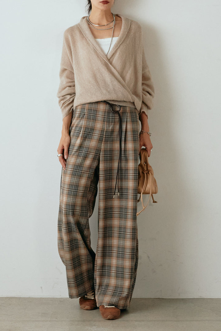 [SET]カシュクールデザインニット+編みベルト付きタータンチェックワイドパンツ(2set)
