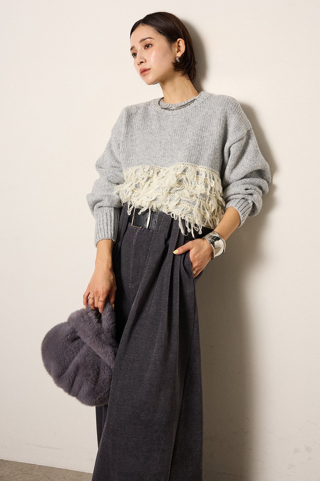 [SET]ループ編み切り替えニットプルオーバー+ベルトループコーデュロイワイドパンツ(2set)