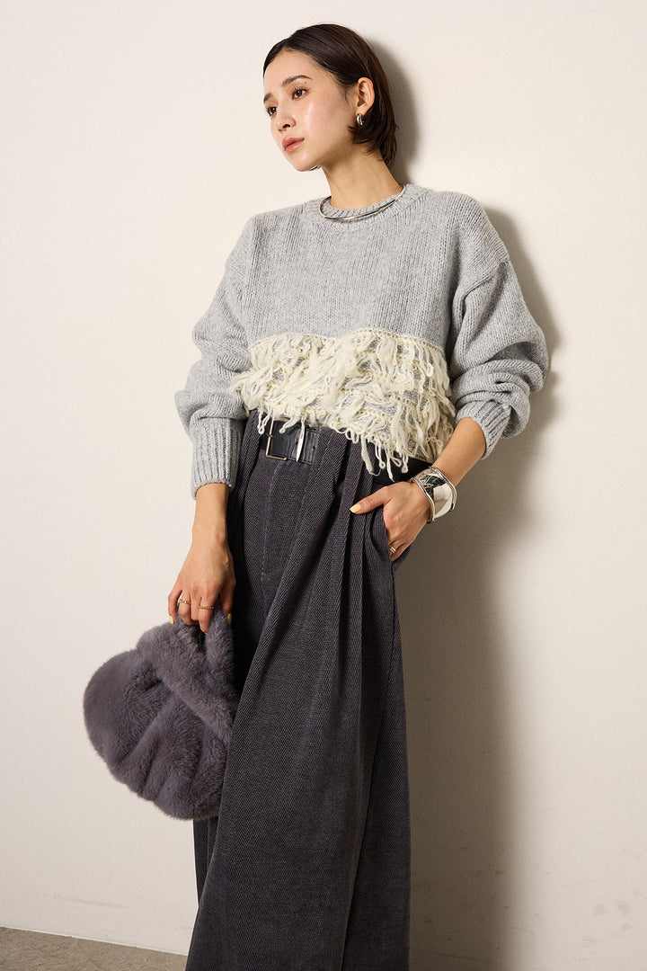 [SET]ループ編み切り替えニットプルオーバー+ベルトループコーデュロイワイドパンツ(2set)