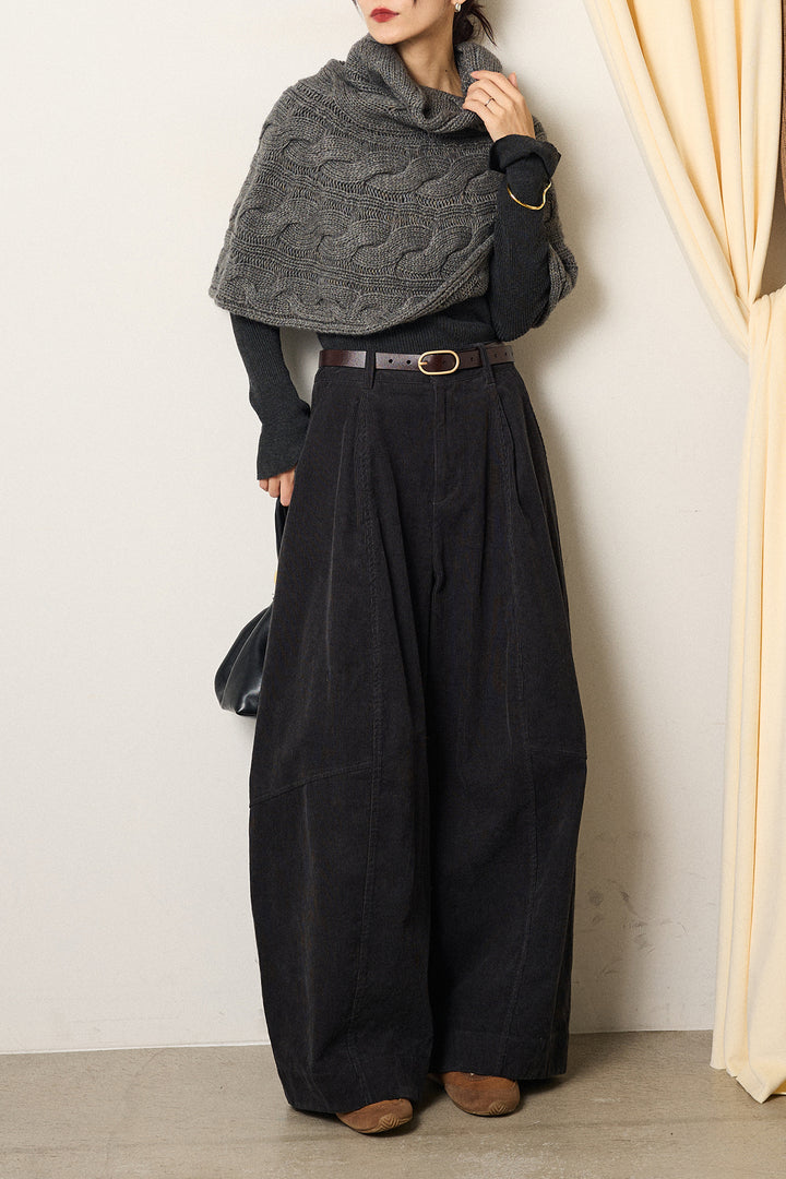 [SET]ケーブル編みケープレイヤードニット+タック入りコーデュロイワイドパンツ(2set)