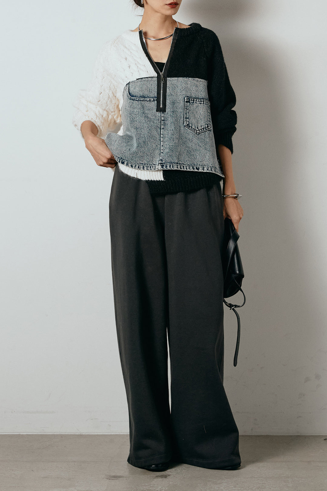 [SET]ハーフジップニットデニムドッキングトップス+裏起毛スウェットワイドパンツ(2set)