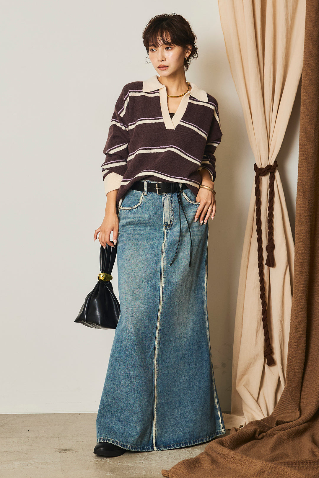 【即納】フェイクレザー太ベルト付きデニムワイドスカート