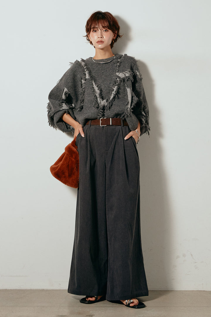 [SET]シャギージャガードニットトップス+太ベルト付きコーデュロイタックパンツ(2set)