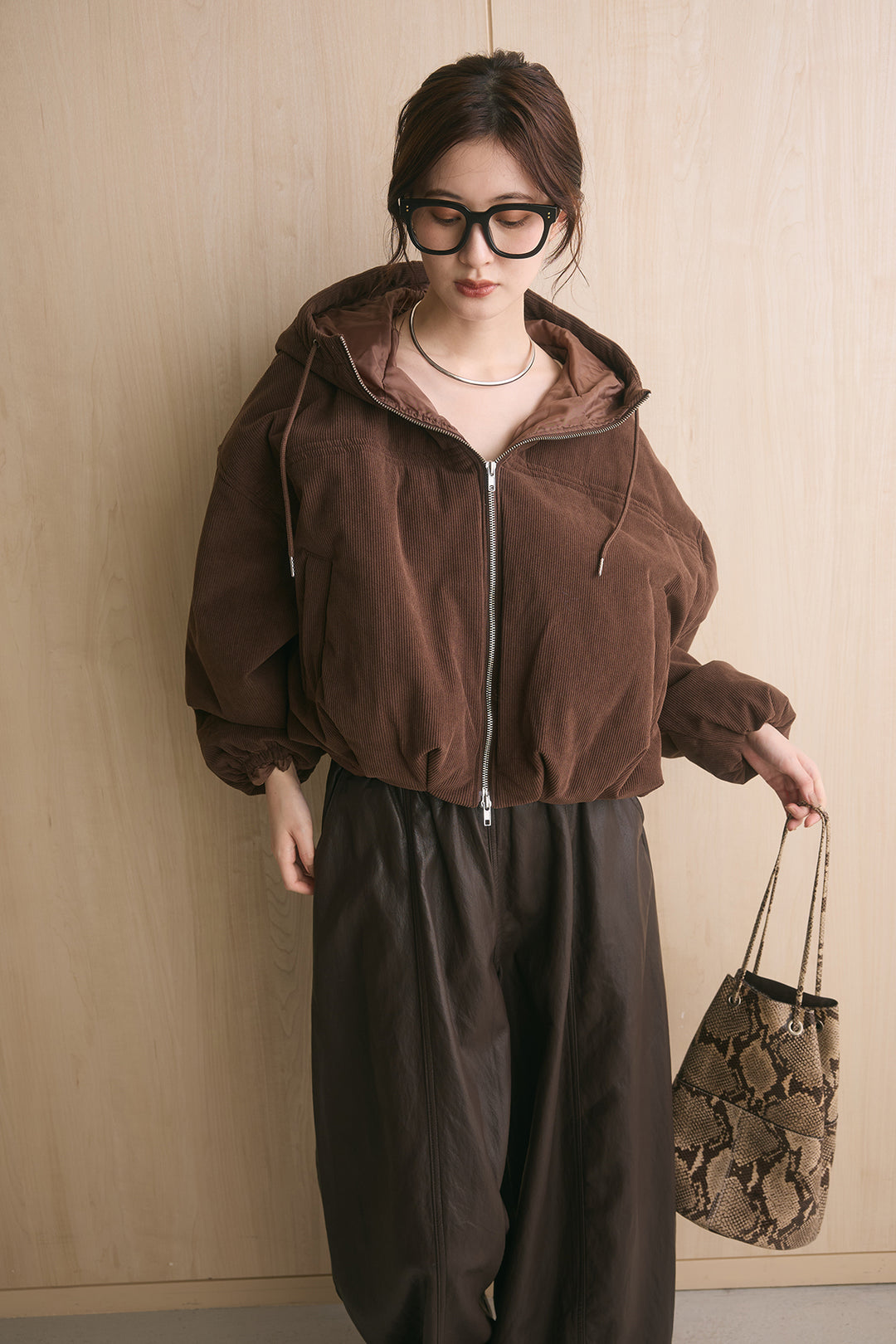 [SET]コーデュロイフーディバルーンブルゾン+フェイクレザーカーブワイドパンツ(2set)