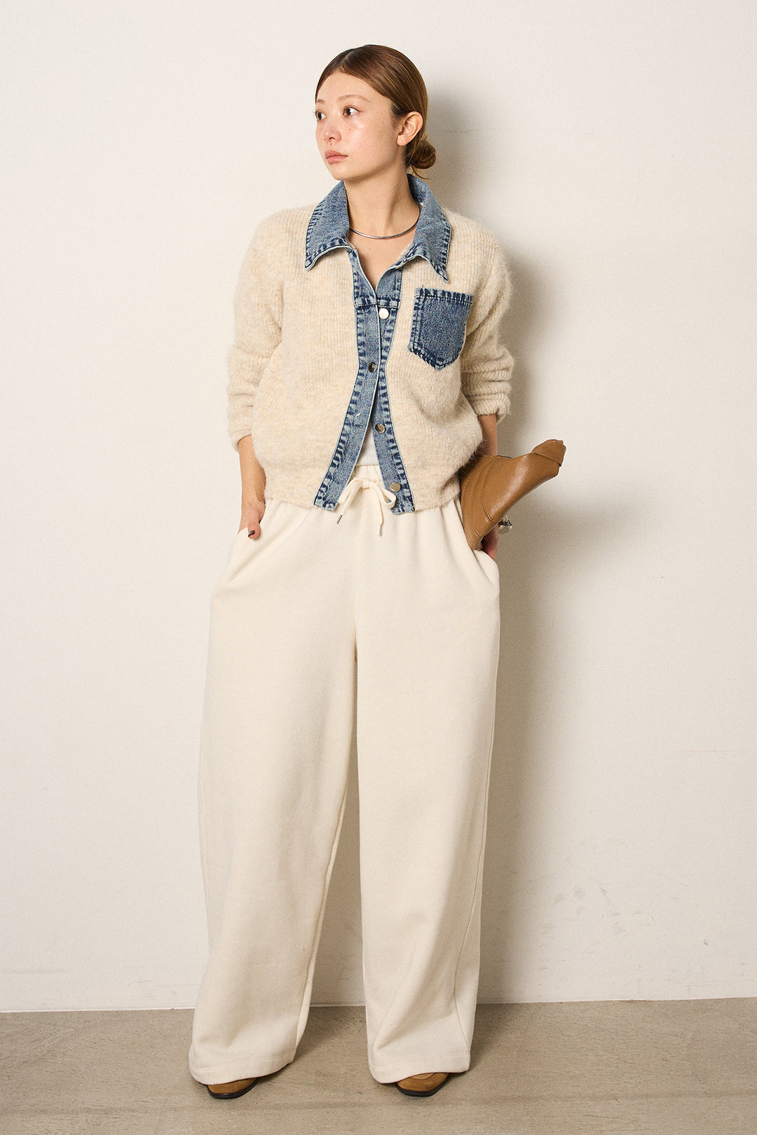 [SET]襟付きデニム切替ニットカーディガン+裏起毛スウェットワイドパンツ(2set)