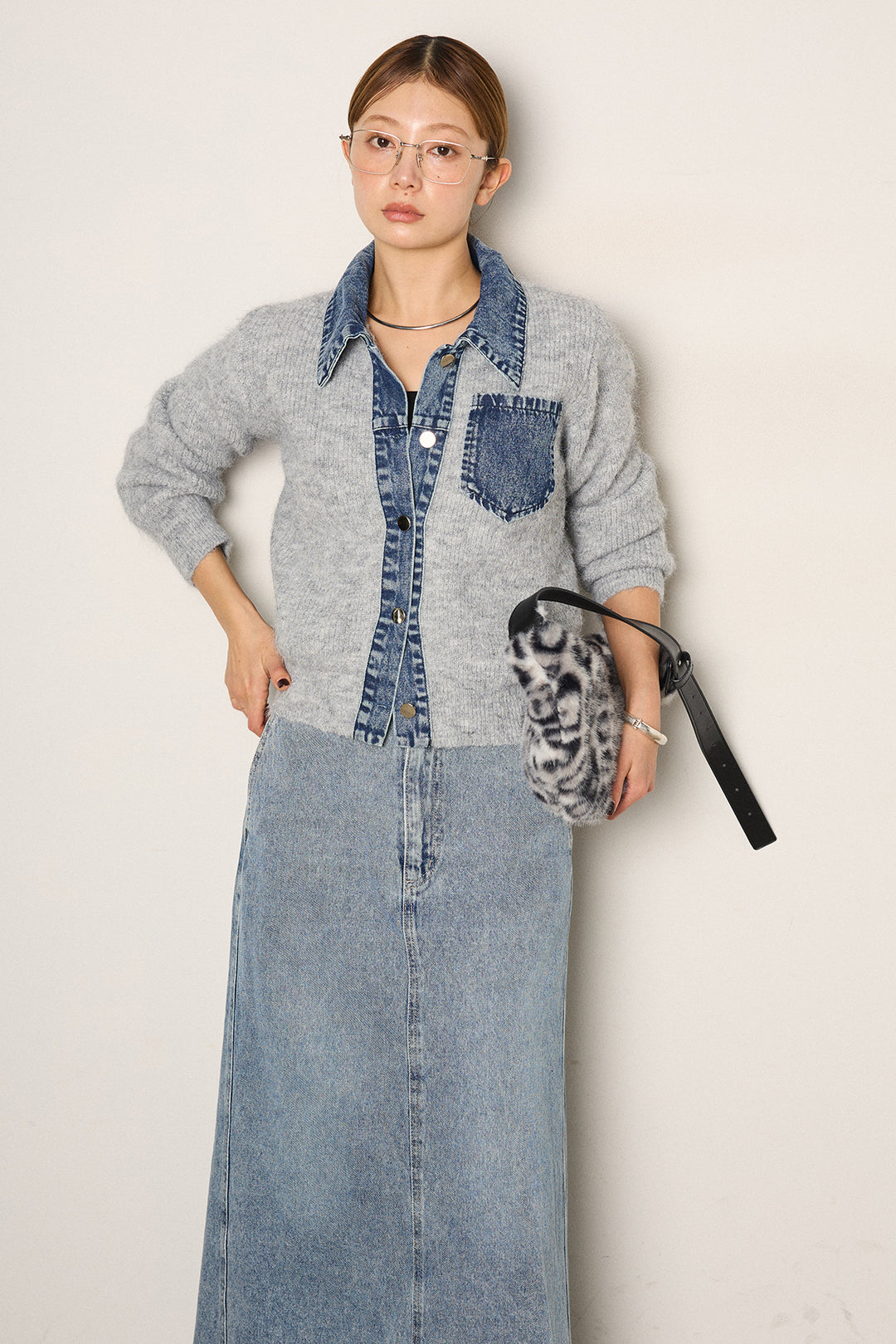 [SET]襟付きデニム切替ニットカーディガン+デニムロングフレアスカート(2set)