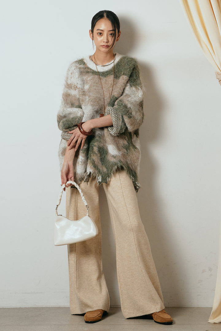 [SET]起毛裾デザインニュアンス柄ニットトップス+センターラインニットパンツ(2set)