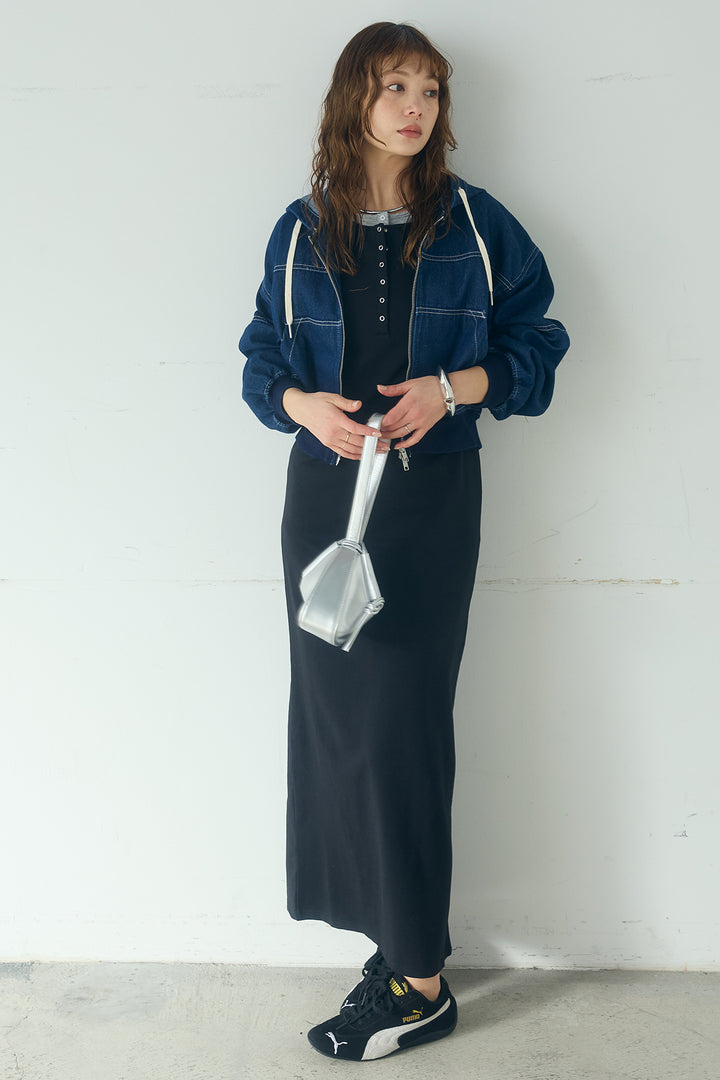 [SET]デニムダブルジップパーカーブルゾン+レイヤード見えヘンリーネックロングワンピース(2set)