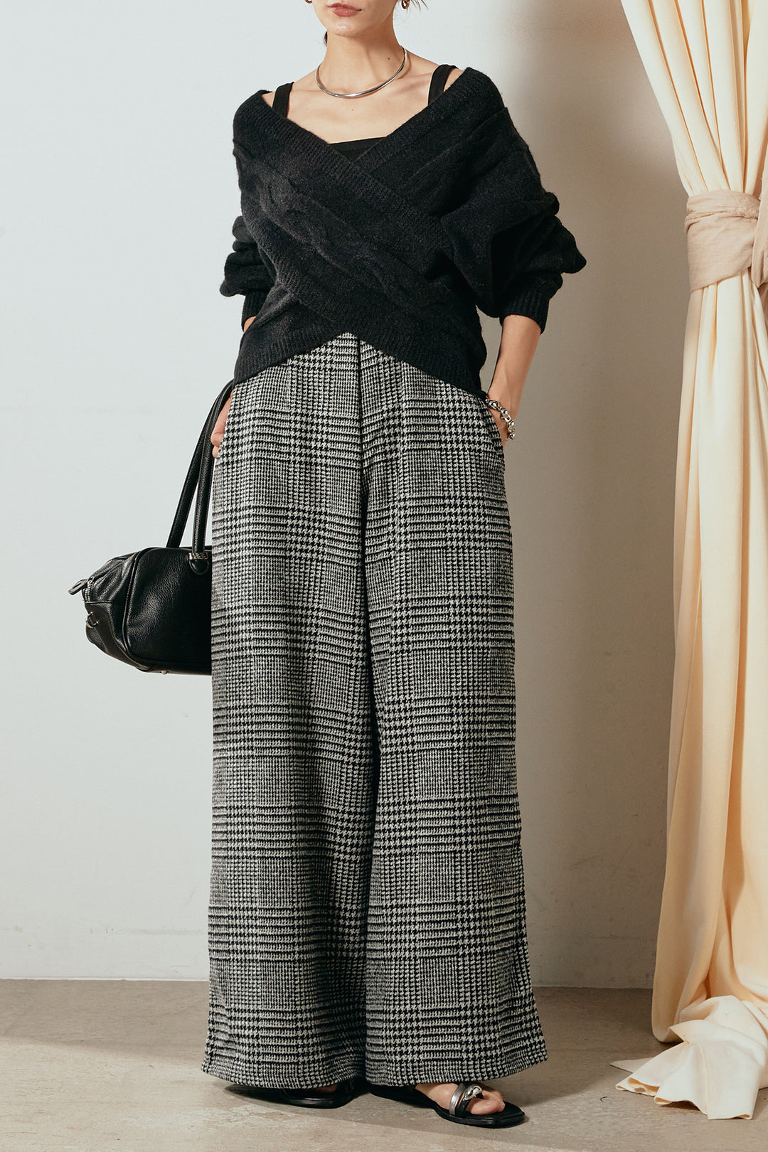[SET]ケーブルカシュクールニットトップス+前後2wayグレンチェック柄スカーチョサロペット(2set)