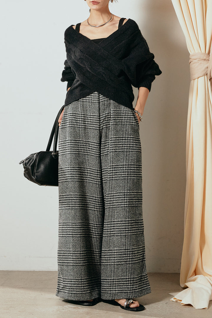 [SET]ケーブルカシュクールニットトップス+前後2wayグレンチェック柄スカーチョサロペット(2set)